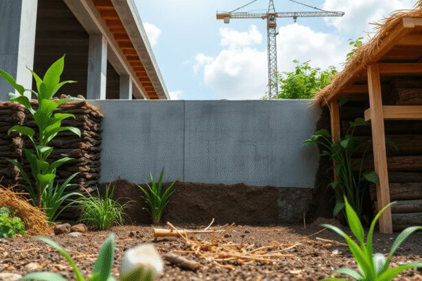 Chantier de construction moderne avec fondations en béton, plantes vertes, bois et paille sous un ciel dégagé, symbolisant des pratiques de constru...