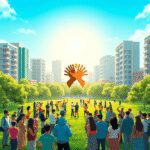 Des gens collaborant dans un parc urbain verdoyant avec des bâtiments modernes, des mains entrelacées formant un cercle, des formes de croissance a...