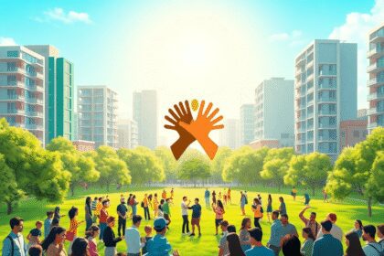 Des gens collaborant dans un parc urbain verdoyant avec des bâtiments modernes, des mains entrelacées formant un cercle, des formes de croissance a...