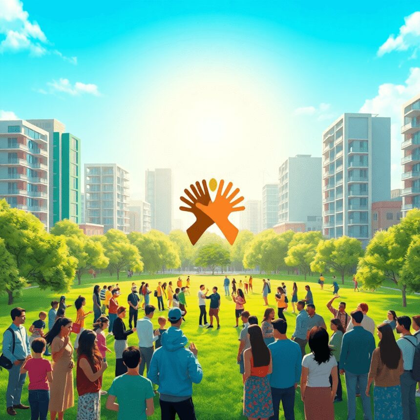 Des gens collaborant dans un parc urbain verdoyant avec des bâtiments modernes, des mains entrelacées formant un cercle, des formes de croissance a...