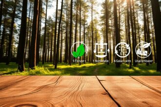 Forêt française ensoleillée avec de grands arbres, gros plan sur les textures du bois et les cernes des arbres, superposés à des feuilles vertes et...