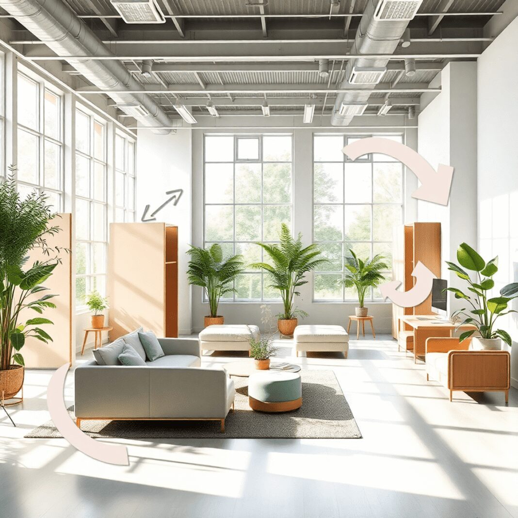 L’adaptabilité spatiale comme réponse aux nouveaux usages post-pandémie Intérieur moderne et lumineux avec des murs mobiles, des meubles modulables, de la lumière naturelle, de la verdure et des formes abstraites symbol...