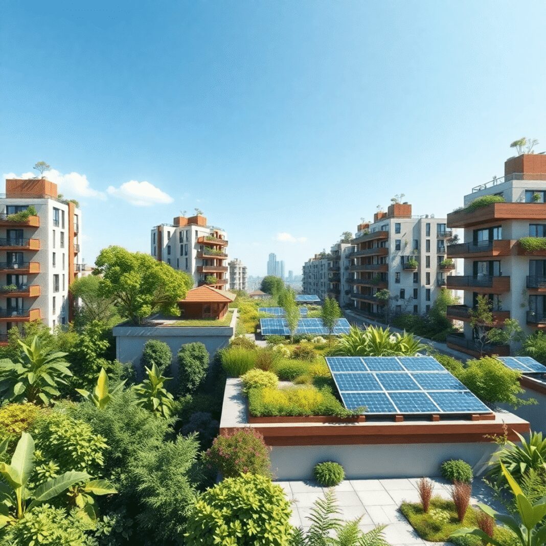 Urbanisme bioclimatique : principes et exemples de quartiers pionniers en France Jardin urbain sur le toit avec des bâtiments modernes écologiques, des panneaux solaires, une végétation luxuriante et un ciel bleu clair, mettant ...