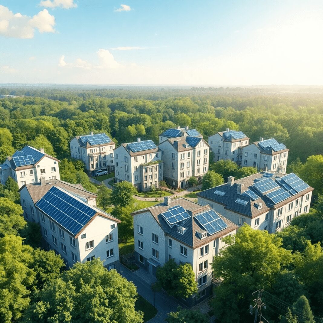 Logement social moderne avec des panneaux solaires et de la verdure sous un ciel dégagé, symbolisant un mode de vie durable et une construction éco...