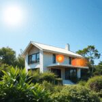 Maison moderne écologique avec une verdure luxuriante, des symboles de soleil brillant, de chaleur et de circulation d'air, sous un ciel bleu clair...