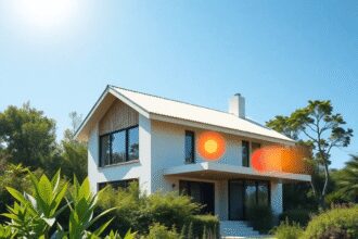 Maison moderne écologique avec une verdure luxuriante, des symboles de soleil brillant, de chaleur et de circulation d'air, sous un ciel bleu clair...
