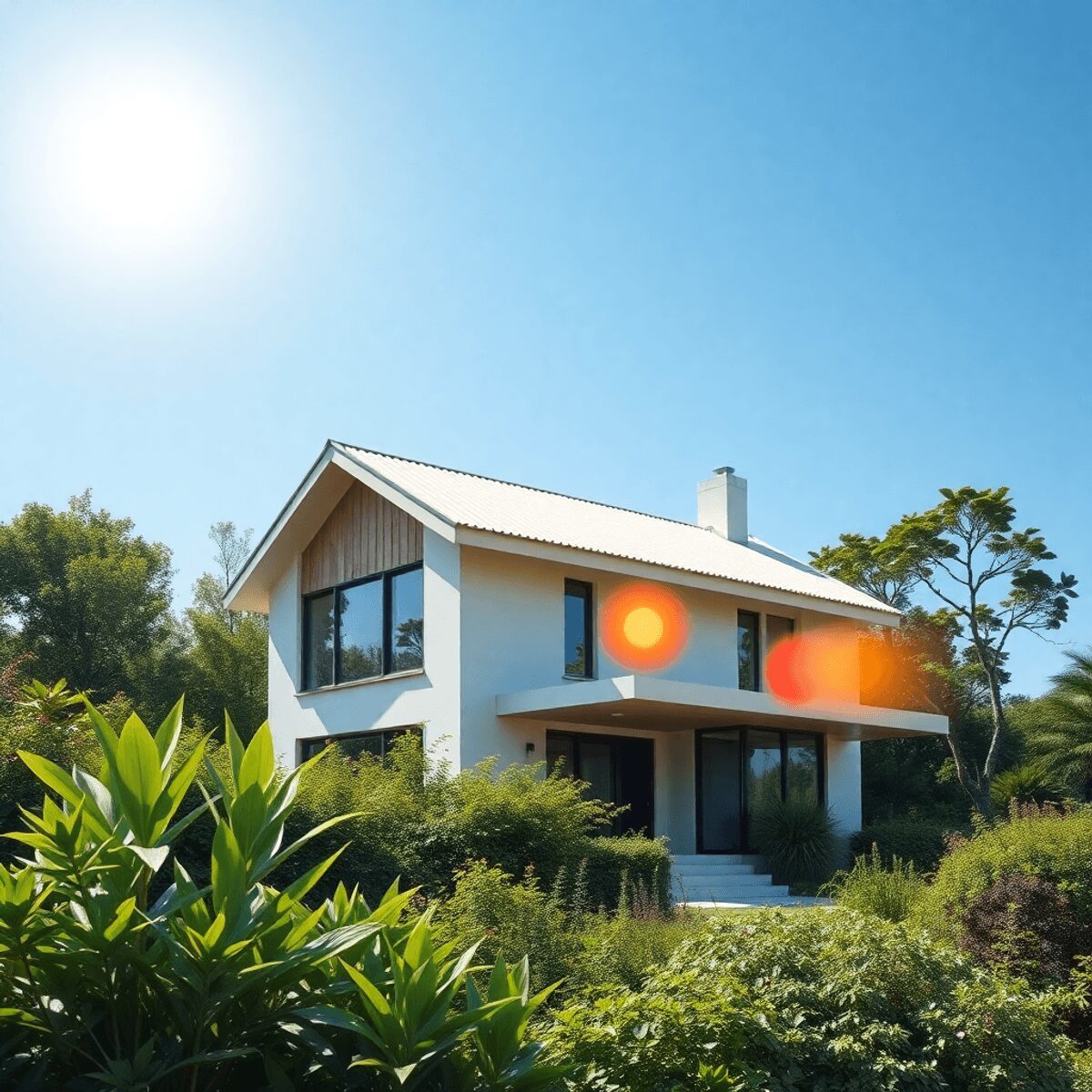 Maison moderne écologique avec une verdure luxuriante, des symboles de soleil brillant, de chaleur et de circulation d'air, sous un ciel bleu clair...