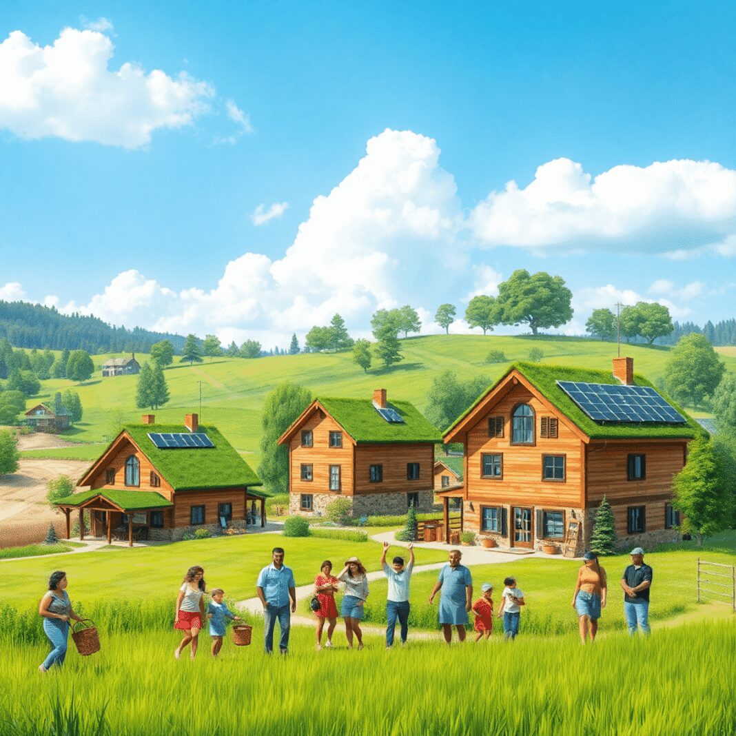 Maisons écologiques avec des toits végétalisés et des panneaux solaires dans un cadre rural verdoyant, des personnes profitant d'activités communau...