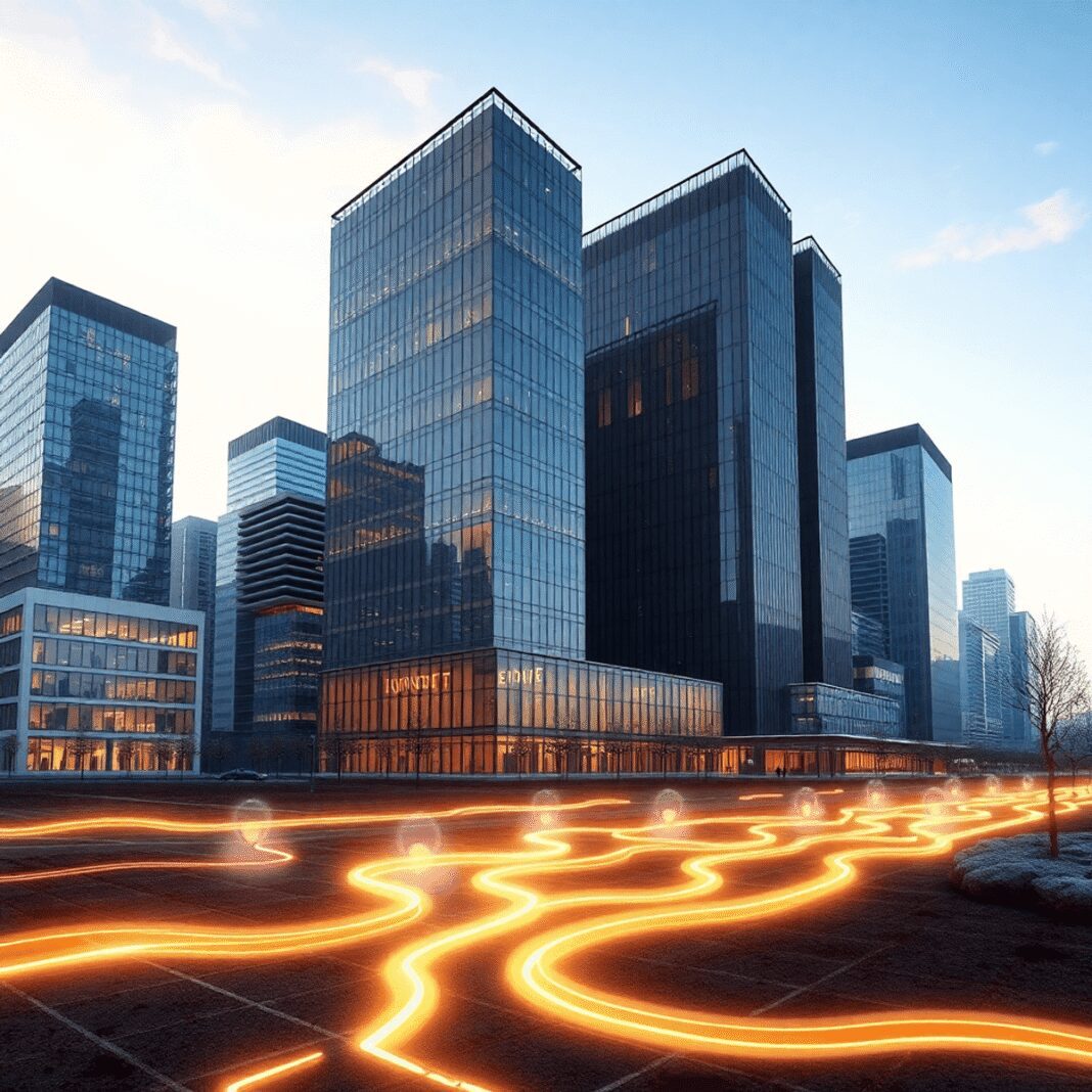 Paysage urbain moderne avec des bureaux élégants et des lignes lumineuses en dessous, symbolisant le flux d'énergie thermique souterraine sous un c...