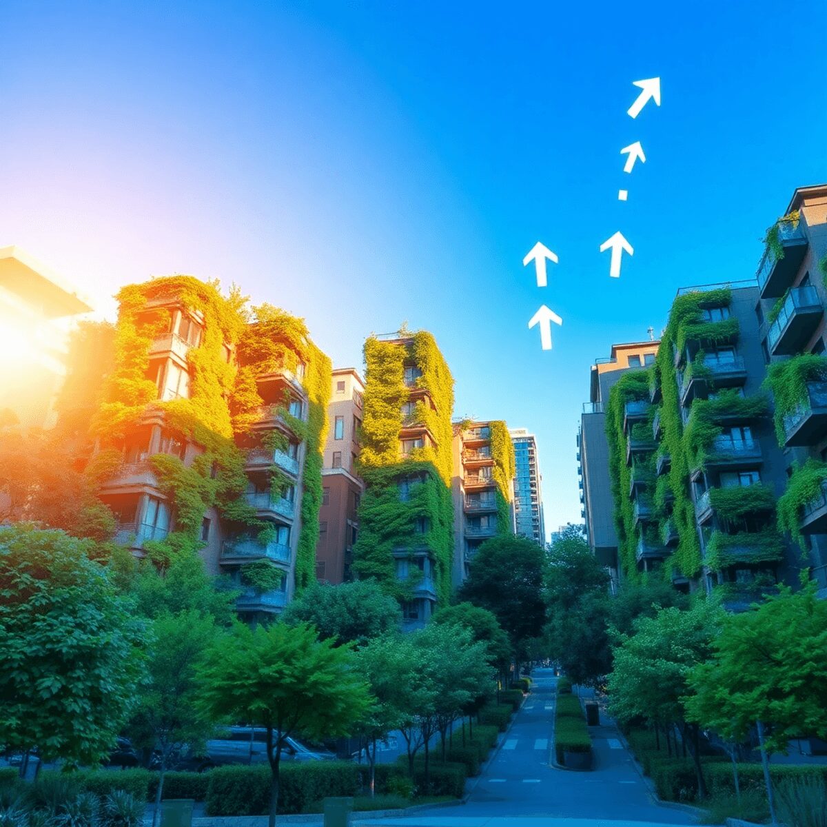Paysage urbain moderne avec des jardins verticaux sur les bâtiments, entouré de verdure, sous un ciel bleu ensoleillé avec des flèches abstraites l...