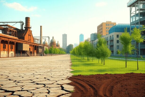 Paysage urbain transitionnant d'un site industriel abandonné à un espace vert vibrant avec des bâtiments écologiques et de jeunes arbres sous un ci...