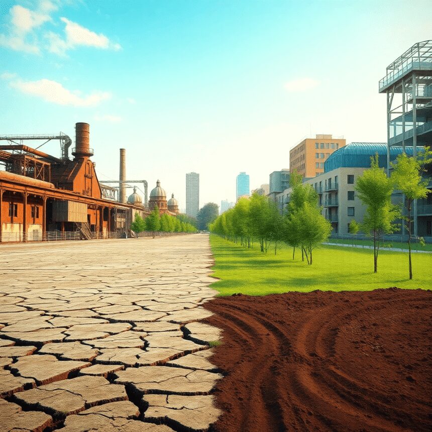 Dépollution et renaturation : restaurer les friches industrielles par l’éco-construction Paysage urbain transitionnant d'un site industriel abandonné à un espace vert vibrant avec des bâtiments écologiques et de jeunes arbres sous un ci...