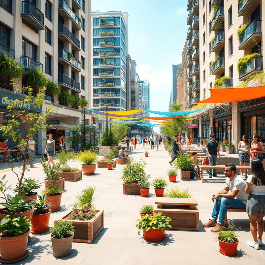 Plaza de la ville ensoleillée avec des plantes vertes, des sièges mobiles, des auvents colorés, des bâtiments modernes avec une végétation sur le t...