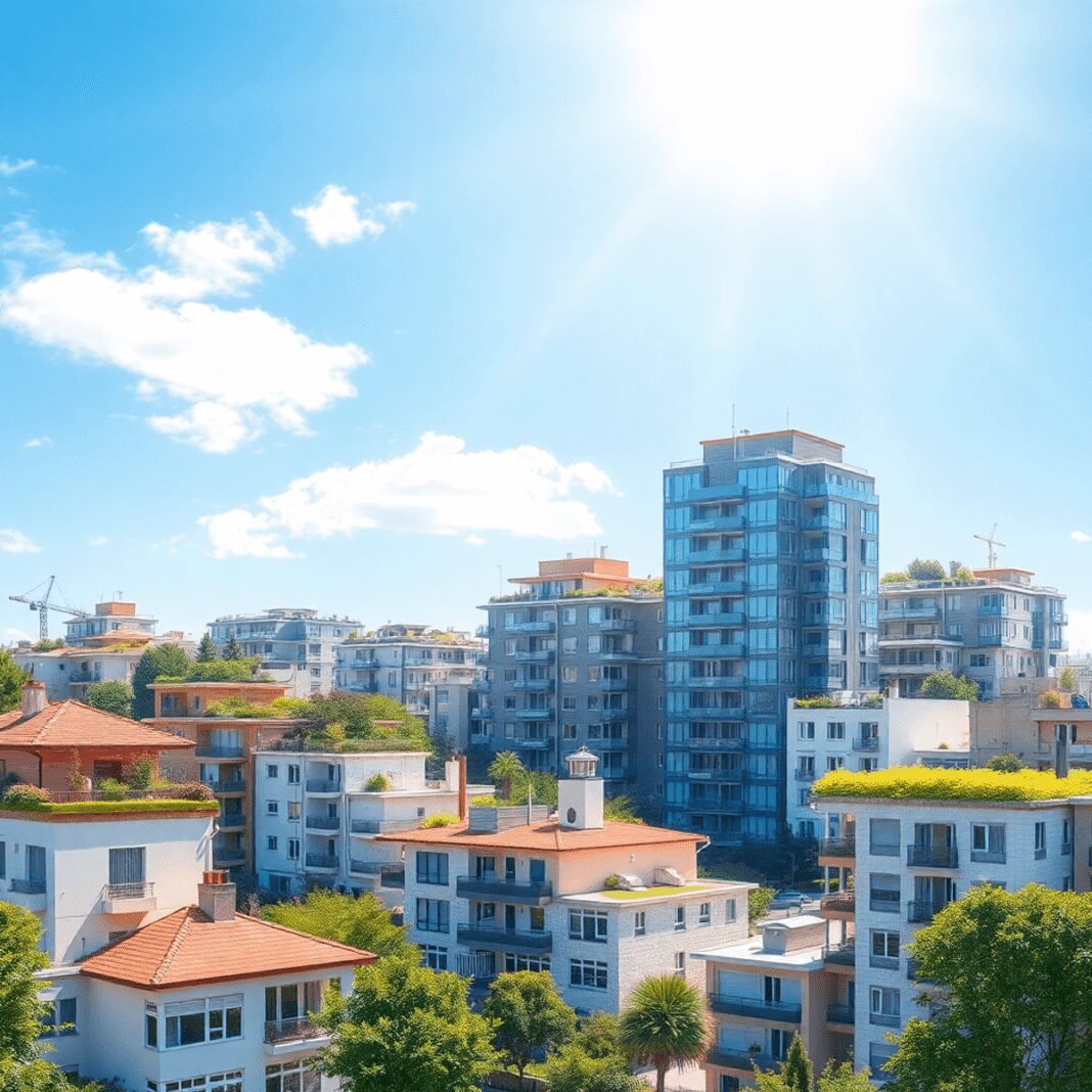 Quartier urbain ensoleillé avec des toits végétalisés, des matériaux naturels, des arbres et des espaces ouverts sous un ciel bleu clair, mettant e...