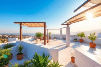 Terrasse de toit méditerranéenne ensoleillée avec des plantes vertes, des surfaces réfléchissantes blanches, des pergolas ombragées, sous un ciel b...