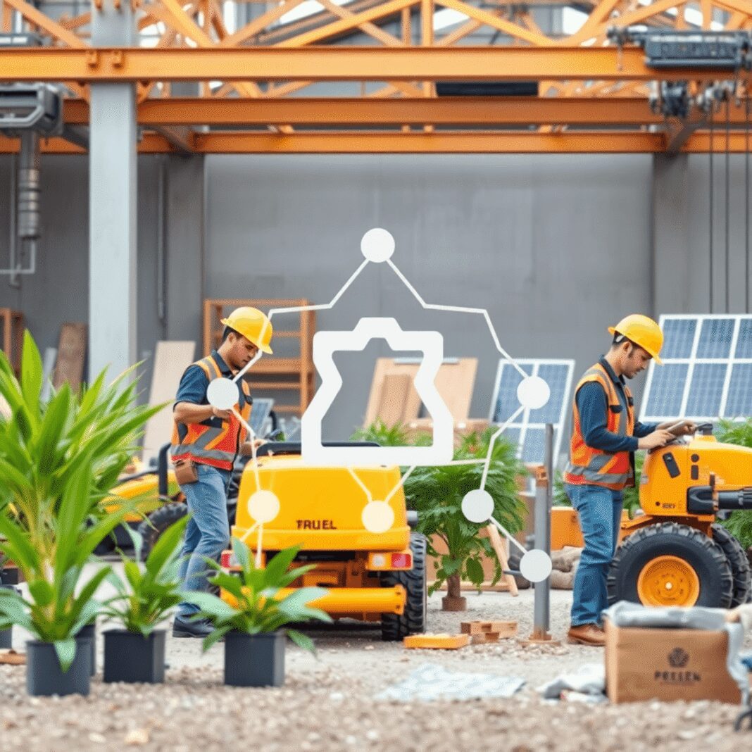 Favoriser l’économie du partage dans le bâtiment : mutualisation des équipements et gains environnementaux Travailleurs opérant des machines lourdes sur un site de construction moderne avec des plantes vertes, des panneaux solaires et des formes abstrait...