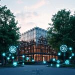 Un bâtiment intelligent élégant avec des icônes IoT lumineuses, entouré d'arbres verts sous un ciel dégagé, symbolisant la durabilité et la technol...