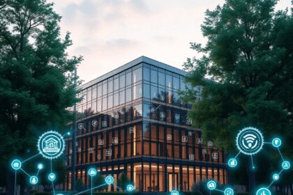 Un bâtiment intelligent élégant avec des icônes IoT lumineuses, entouré d'arbres verts sous un ciel dégagé, symbolisant la durabilité et la technol...