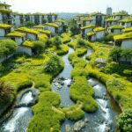 Un éco-quartier paisible avec des toits verts, des canaux d'eau claire, une végétation luxuriante et des zones humides artificielles illustrant une...