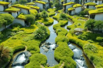 Un éco-quartier paisible avec des toits verts, des canaux d'eau claire, une végétation luxuriante et des zones humides artificielles illustrant une...