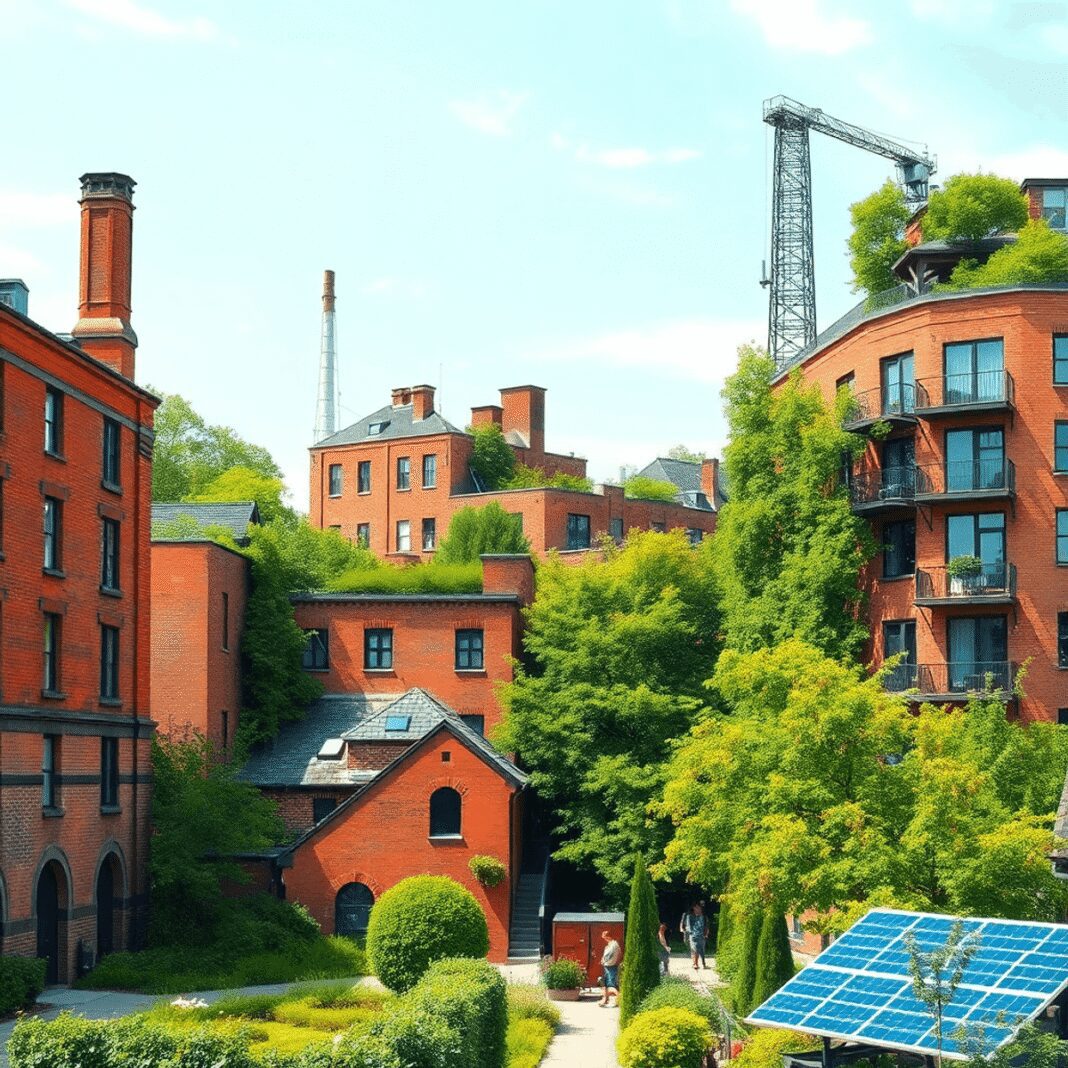 Valorisation du patrimoine industriel par l’éco-construction contemporaine Un paysage urbain mêlant de vieux bâtiments en briques à des structures modernes écologiques, entouré de verdure, de panneaux solaires et d'arbres ...