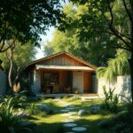 Un petit bâtiment en bois et en pierre écologique, entouré d'une verdure luxuriante sous une douce lumière naturelle, symbolisant la simplicité et ...