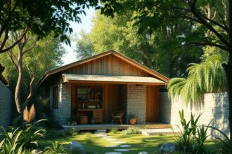 Un petit bâtiment en bois et en pierre écologique, entouré d'une verdure luxuriante sous une douce lumière naturelle, symbolisant la simplicité et ...