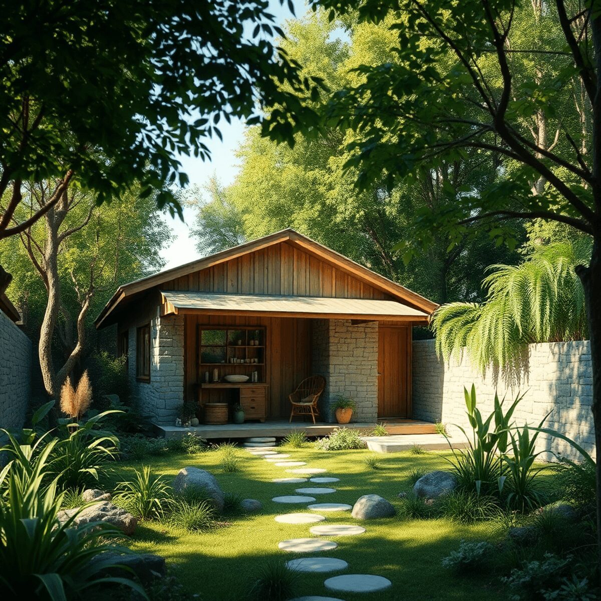 Un petit bâtiment en bois et en pierre écologique, entouré d'une verdure luxuriante sous une douce lumière naturelle, symbolisant la simplicité et ...