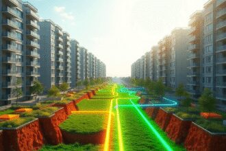 Un quartier urbain moderne avec des immeubles d'appartements et des espaces verts, montrant des tuyaux géothermiques souterrains lumineux sous un c...