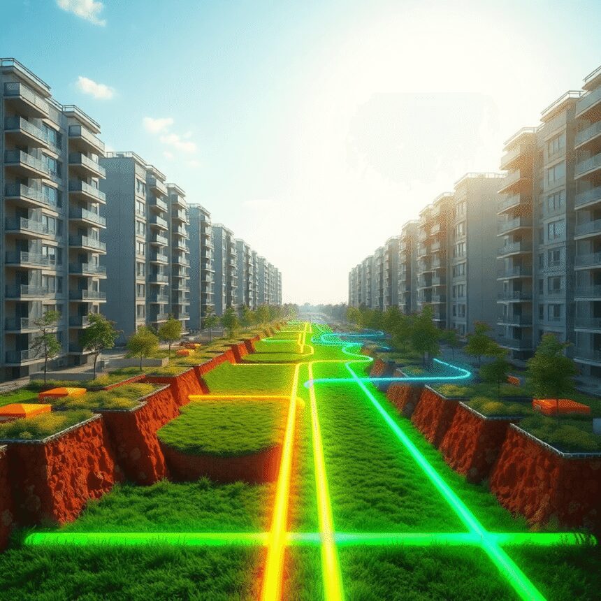 Un quartier urbain moderne avec des immeubles d'appartements et des espaces verts, montrant des tuyaux géothermiques souterrains lumineux sous un c...