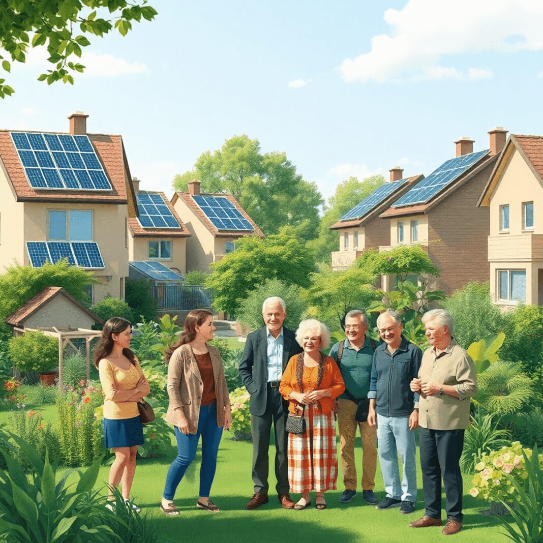 Une communauté dynamique avec plusieurs générations interagissant dans un quartier verdoyant comprenant des panneaux solaires, des jardins et des e...